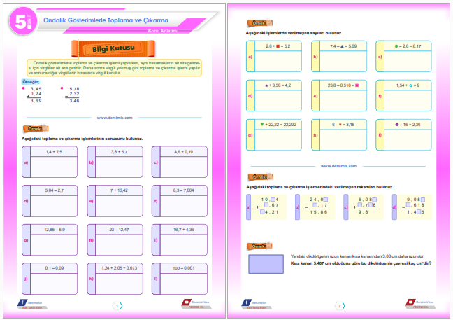 5 Sınıf Ondalık Gösterimlerle Toplama ve Çıkarma İşlemleri Konu
