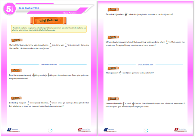 5. Sınıf Kesir Problemleri Konu Anlatım Föyü